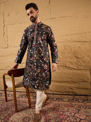 Ethnic Bay Men Black Silk Blend Solid Embroidered Straight Kurta-MKU1153