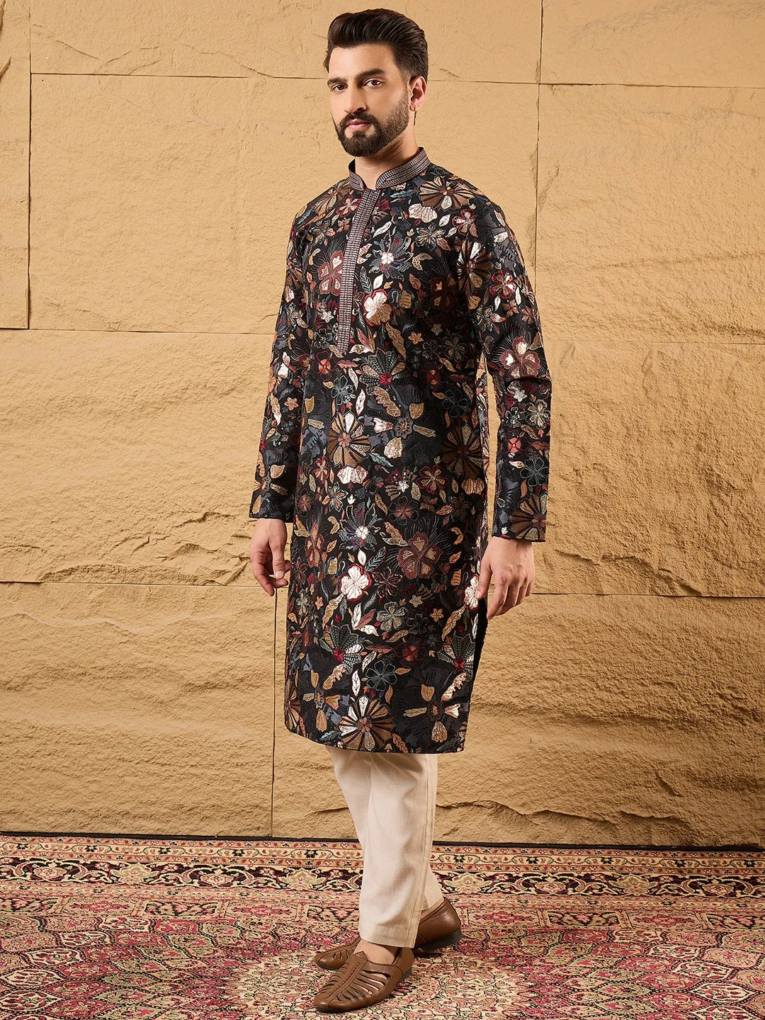 Ethnic Bay Men Black Silk Blend Solid Embroidered Straight Kurta-MKU1153