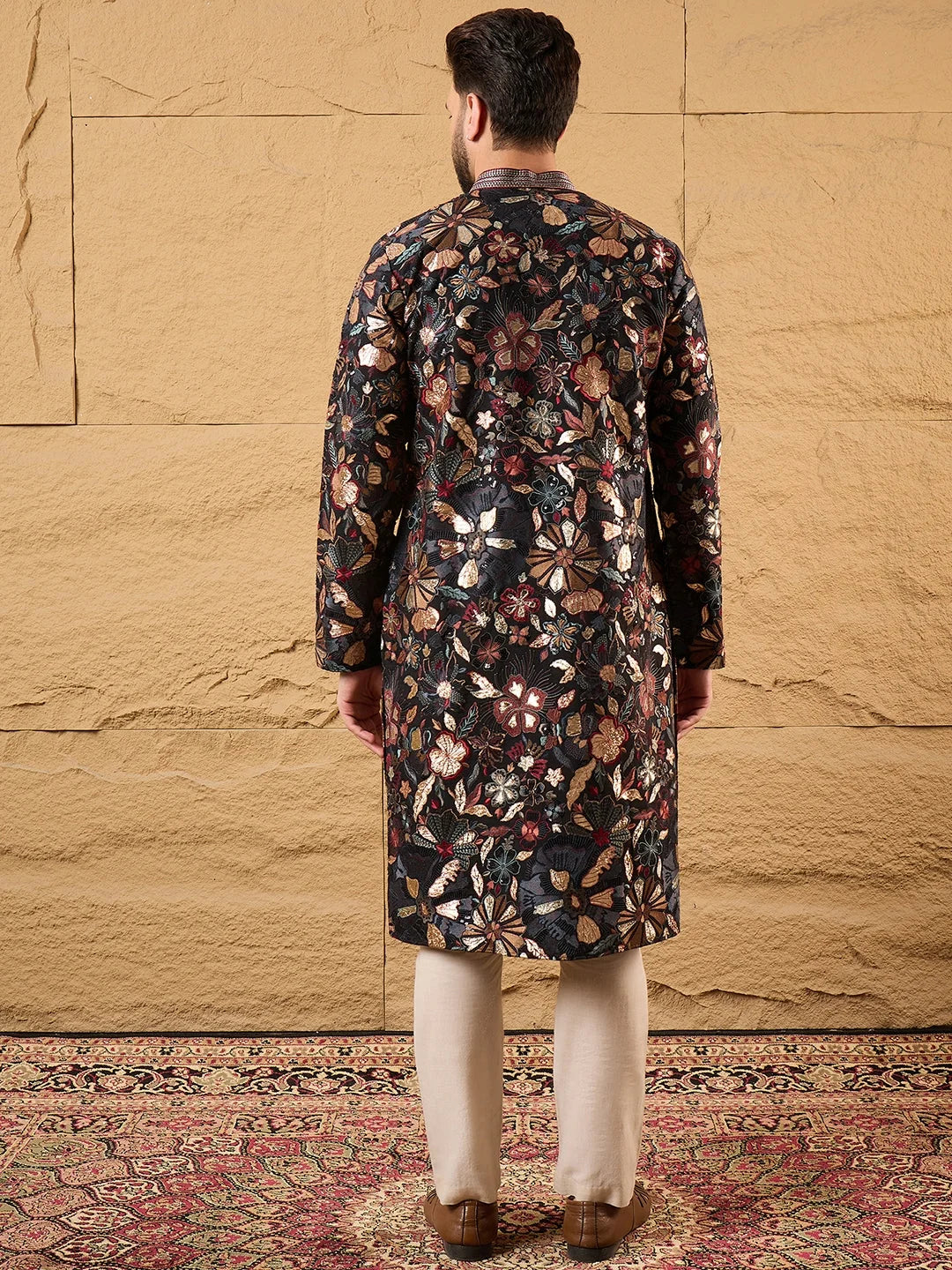 Ethnic Bay Men Black Silk Blend Solid Embroidered Straight Kurta-MKU1153