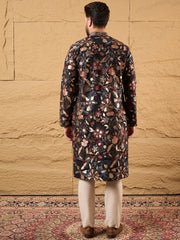 Ethnic Bay Men Black Silk Blend Solid Embroidered Straight Kurta-MKU1153