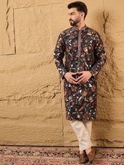 Ethnic Bay Men Black Silk Blend Solid Embroidered Straight Kurta-MKU1153