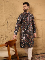 Ethnic Bay Men Black Silk Blend Solid Embroidered Straight Kurta-MKU1153