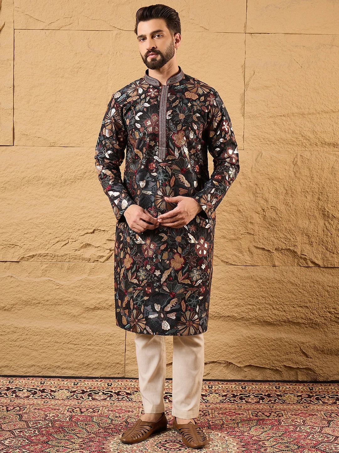 Ethnic Bay Men Black Silk Blend Solid Embroidered Straight Kurta-MKU1153