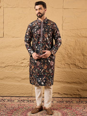 Ethnic Bay Men Black Silk Blend Solid Embroidered Straight Kurta-MKU1153