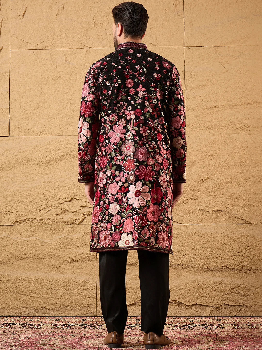 Ethnic Bay Men Black Georgette Solid Embroidered Straight Kurta-MKU1154