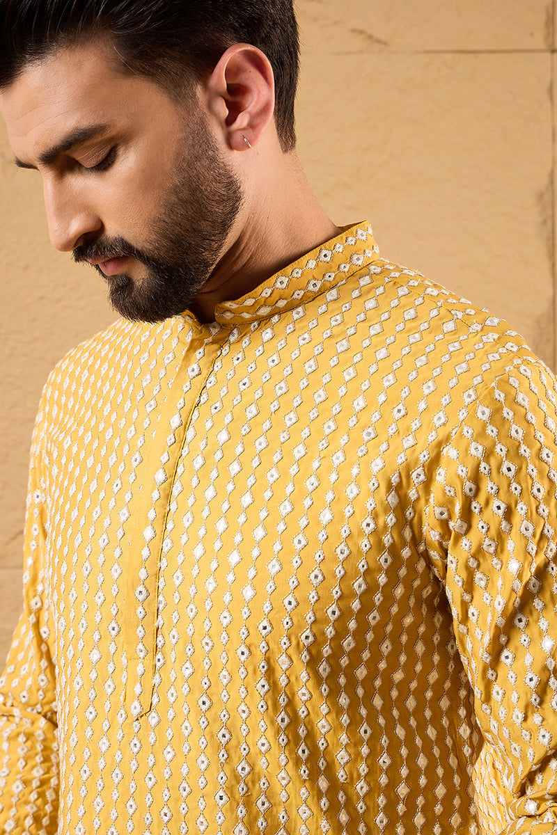 Yellow Silk Blend Embroidered Mandarin Collar Straight Kurta MKU1157 |