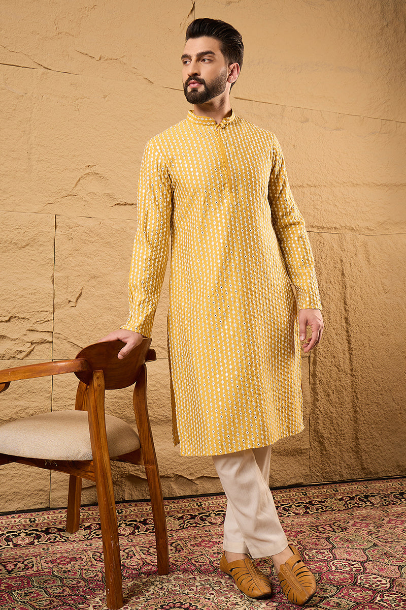 Yellow Silk Blend Embroidered Mandarin Collar Straight Kurta MKU1157 |