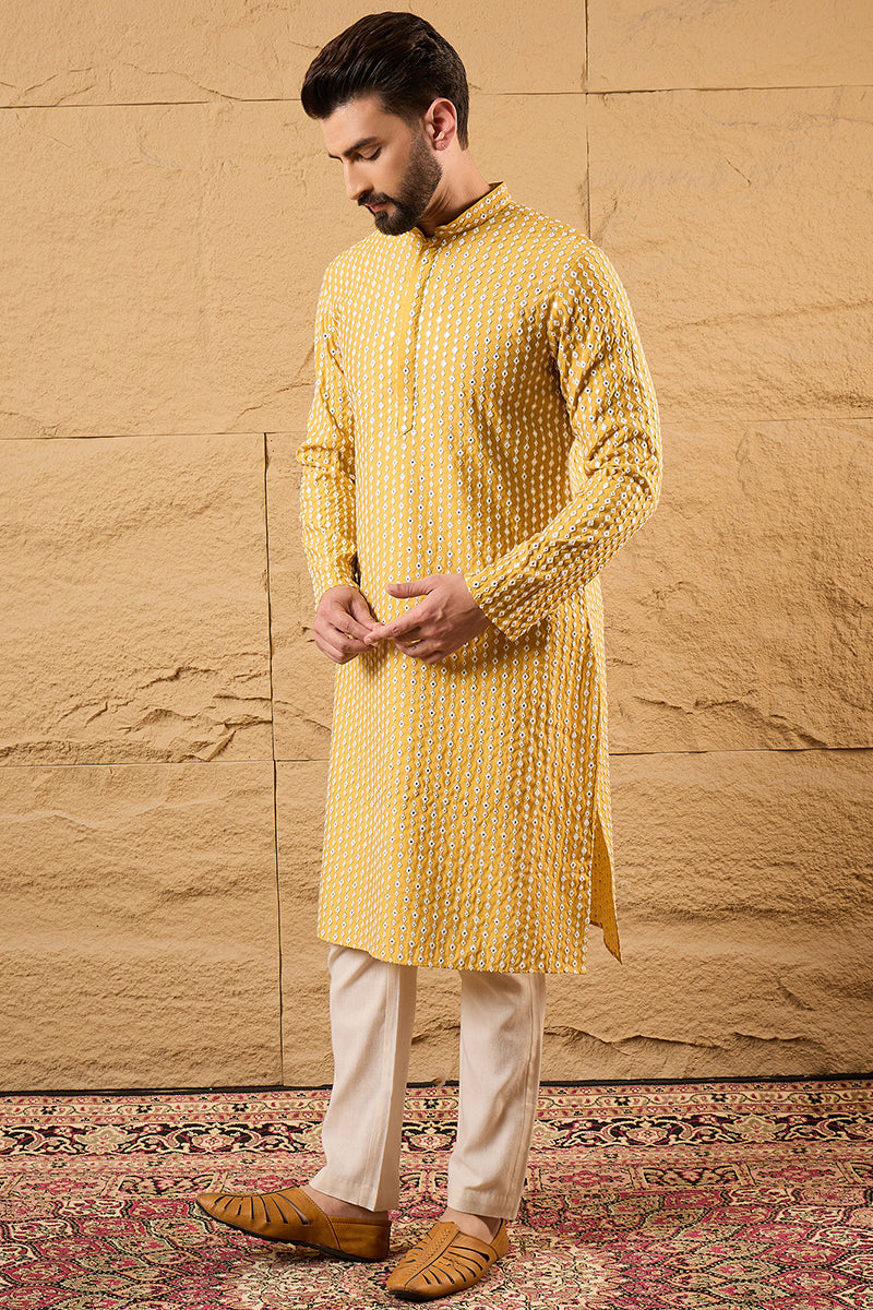 Yellow Silk Blend Embroidered Mandarin Collar Straight Kurta MKU1157 |