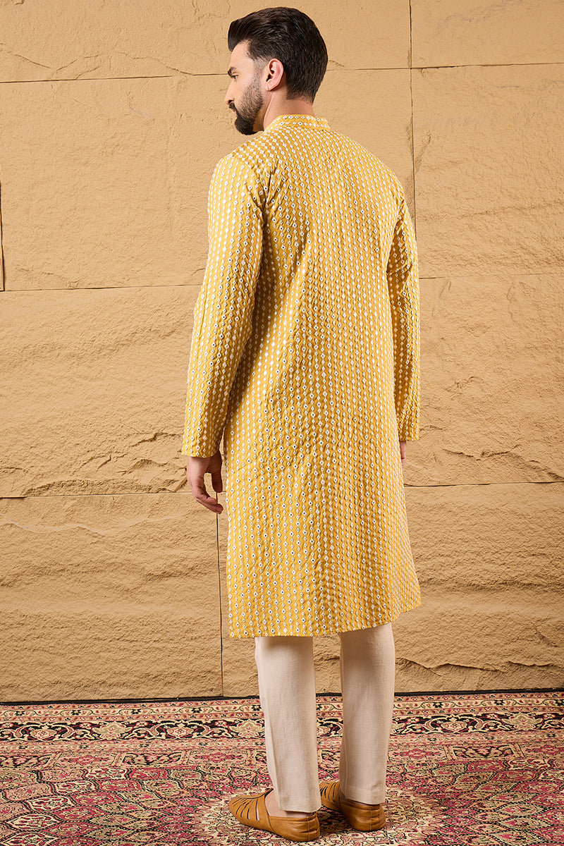Yellow Silk Blend Embroidered Mandarin Collar Straight Kurta MKU1157 |