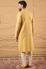 Yellow Silk Blend Embroidered Mandarin Collar Straight Kurta MKU1157