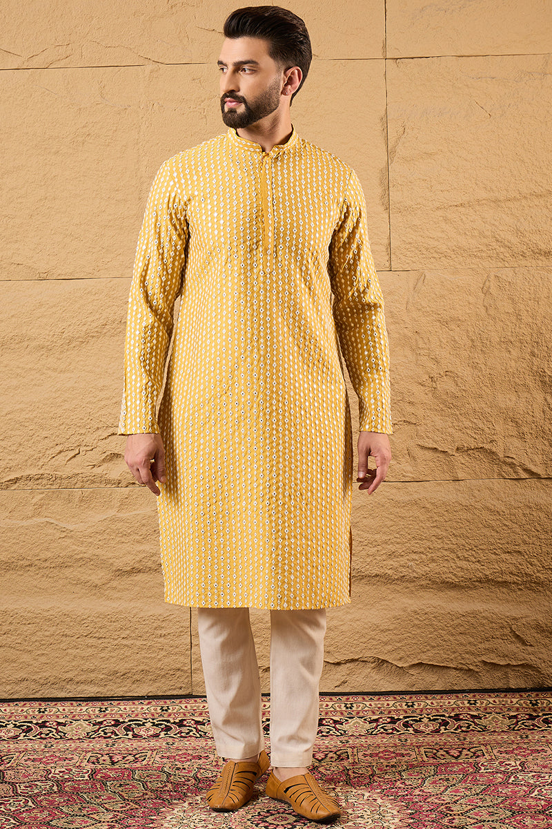 Yellow Silk Blend Embroidered Mandarin Collar Straight Kurta MKU1157 |