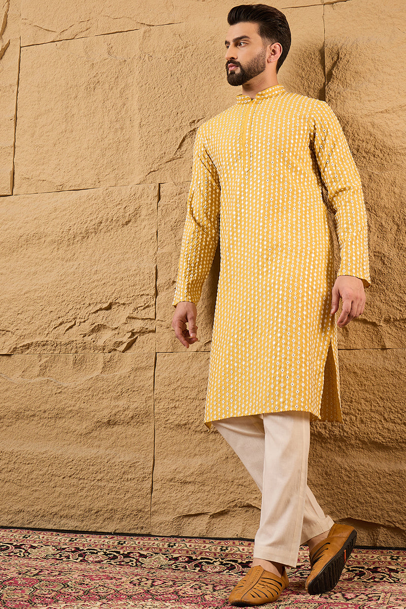 Yellow Silk Blend Embroidered Mandarin Collar Straight Kurta MKU1157 |