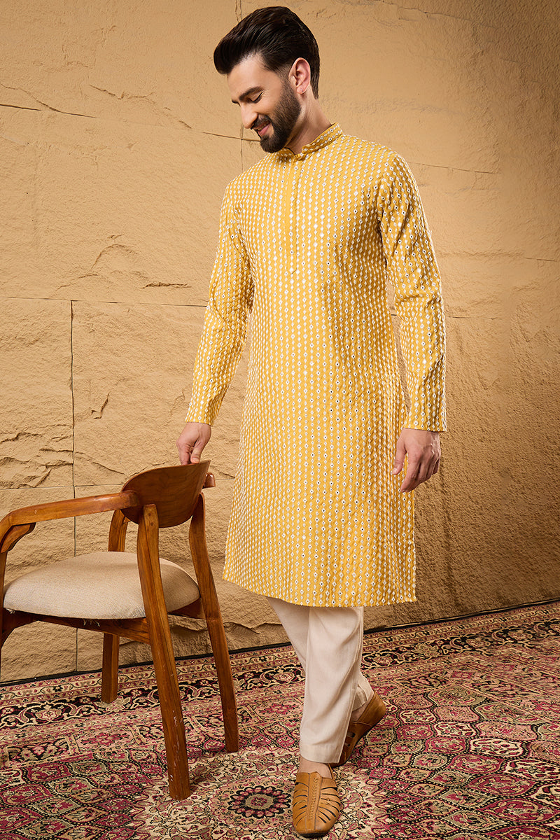 Yellow Silk Blend Embroidered Mandarin Collar Straight Kurta MKU1157 |