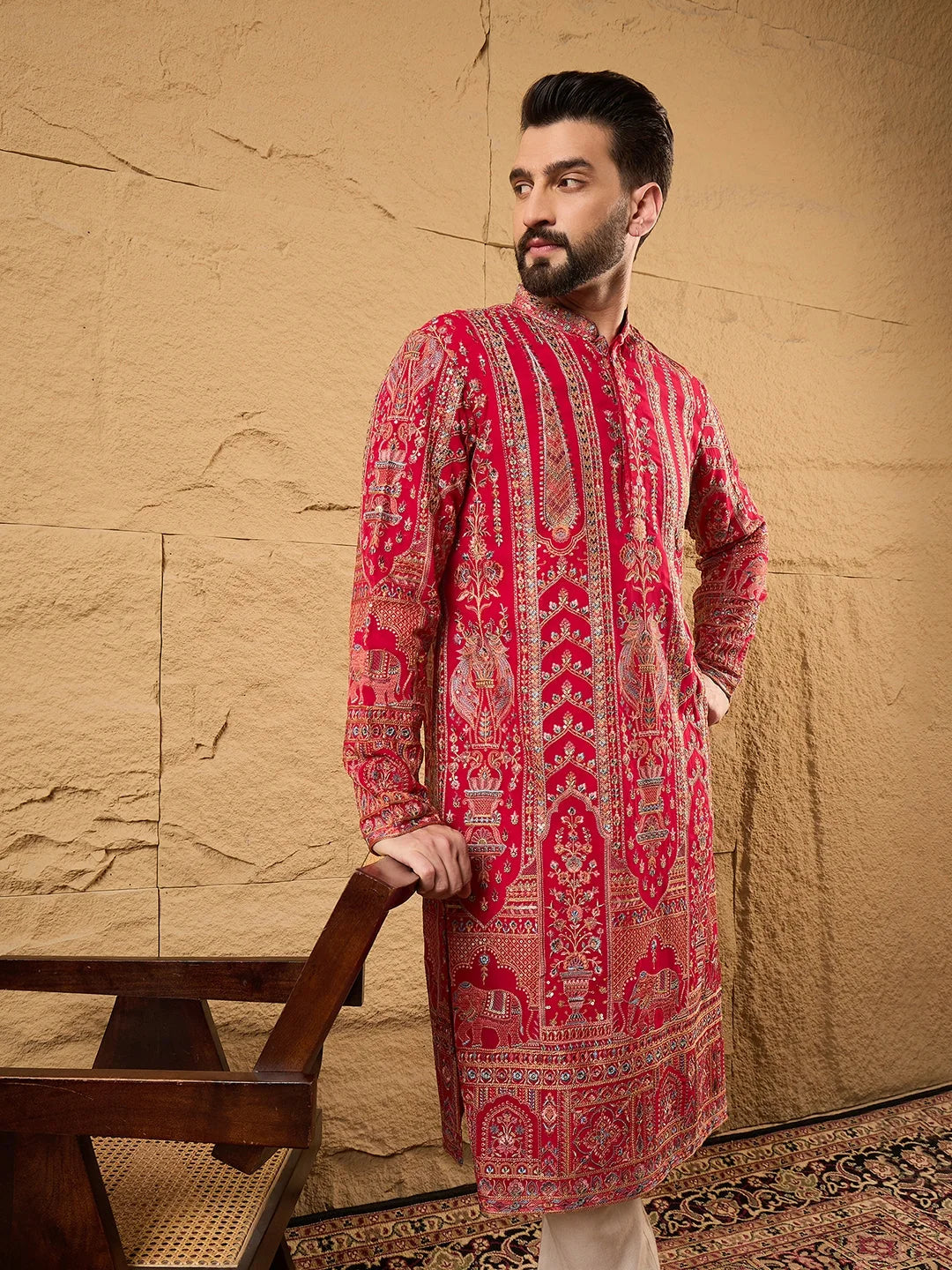 Ethnic Bay Men Pink Georgette Solid Embroidered Straight Kurta-MKU1160