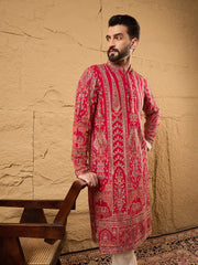 Ethnic Bay Men Pink Georgette Solid Embroidered Straight Kurta-MKU1160