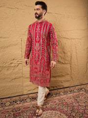 Ethnic Bay Men Pink Georgette Solid Embroidered Straight Kurta-MKU1160