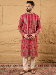 Ethnic Bay Men Pink Georgette Solid Embroidered Straight Kurta-MKU1160