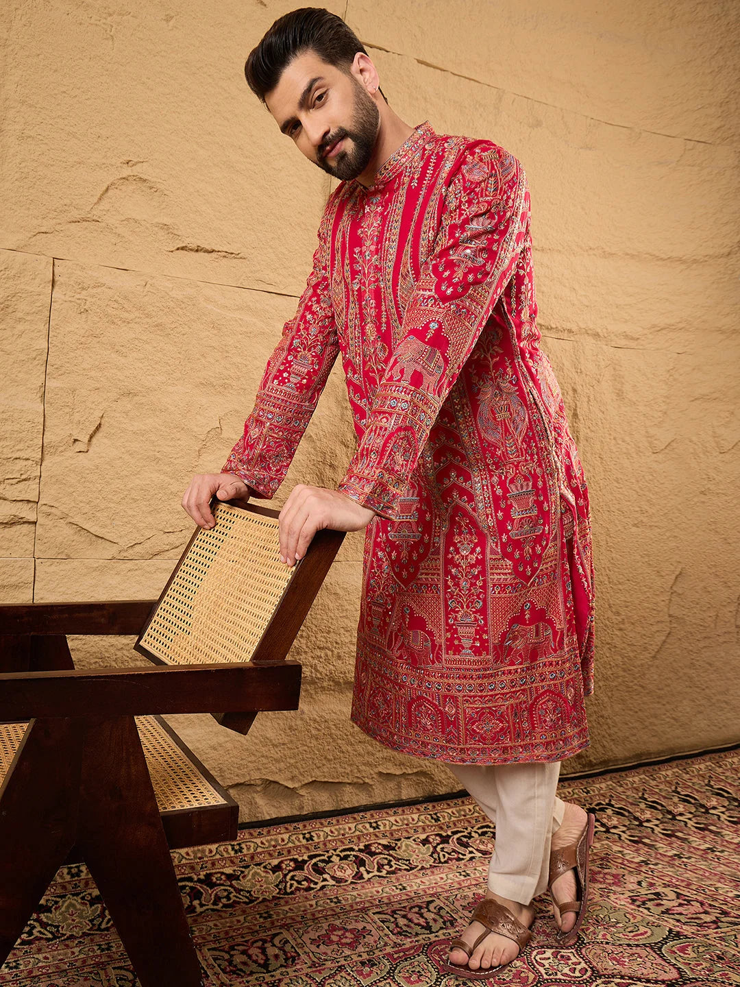 Ethnic Bay Men Pink Georgette Solid Embroidered Straight Kurta-MKU1160