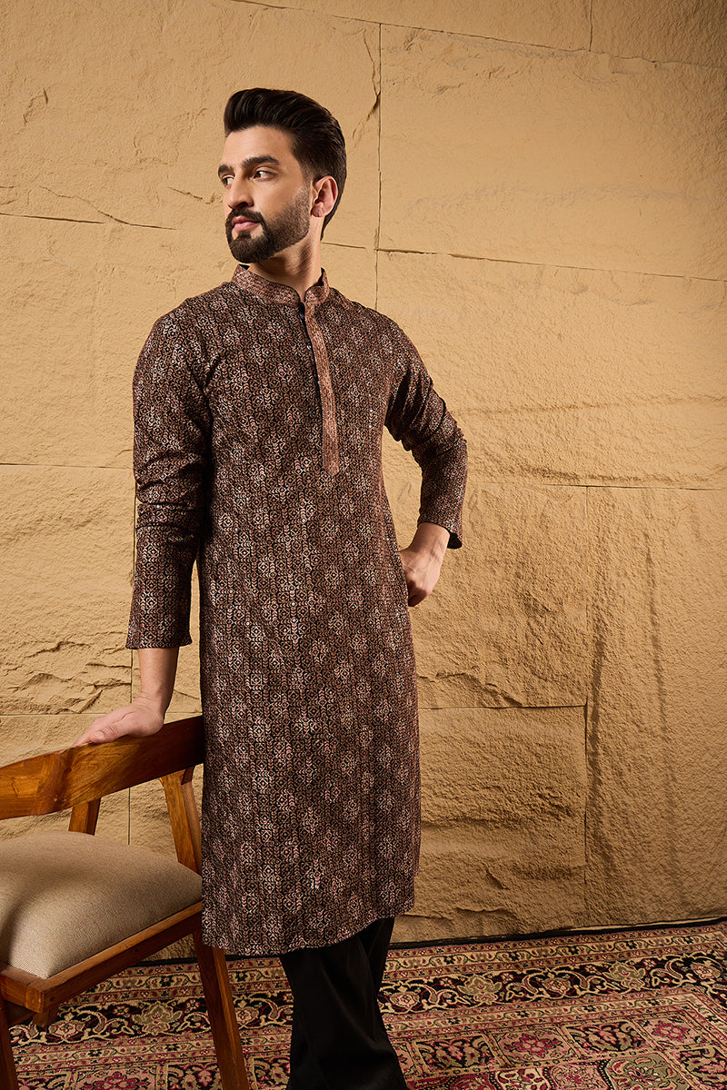Brown Viscose Rayon Ethnic Motifs Embroidered Chikankari Straight Kurt