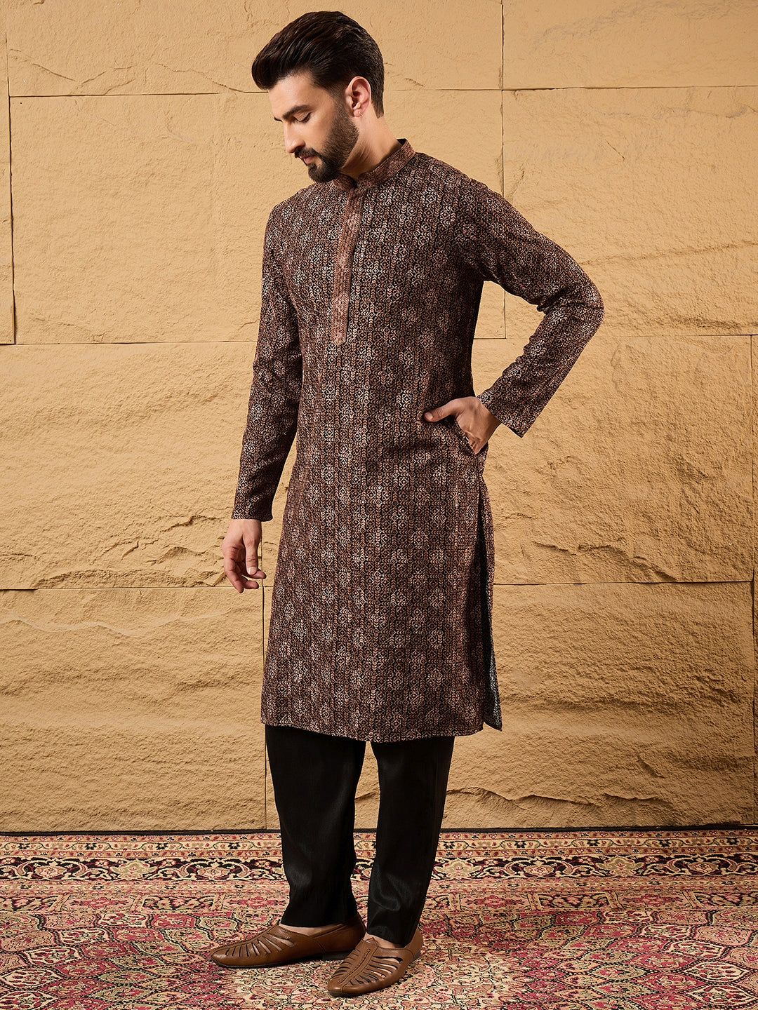 Ethnic Bay Men Black Viscose Rayon Embroidered Chikankari Straight Kurta-MKU1164