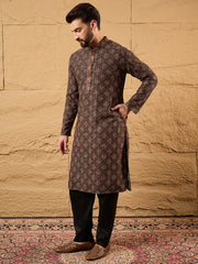 Ethnic Bay Men Black Viscose Rayon Embroidered Chikankari Straight Kurta-MKU1164