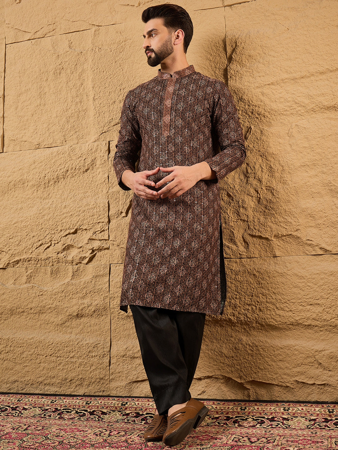 Ethnic Bay Men Black Viscose Rayon Embroidered Chikankari Straight Kurta-MKU1164