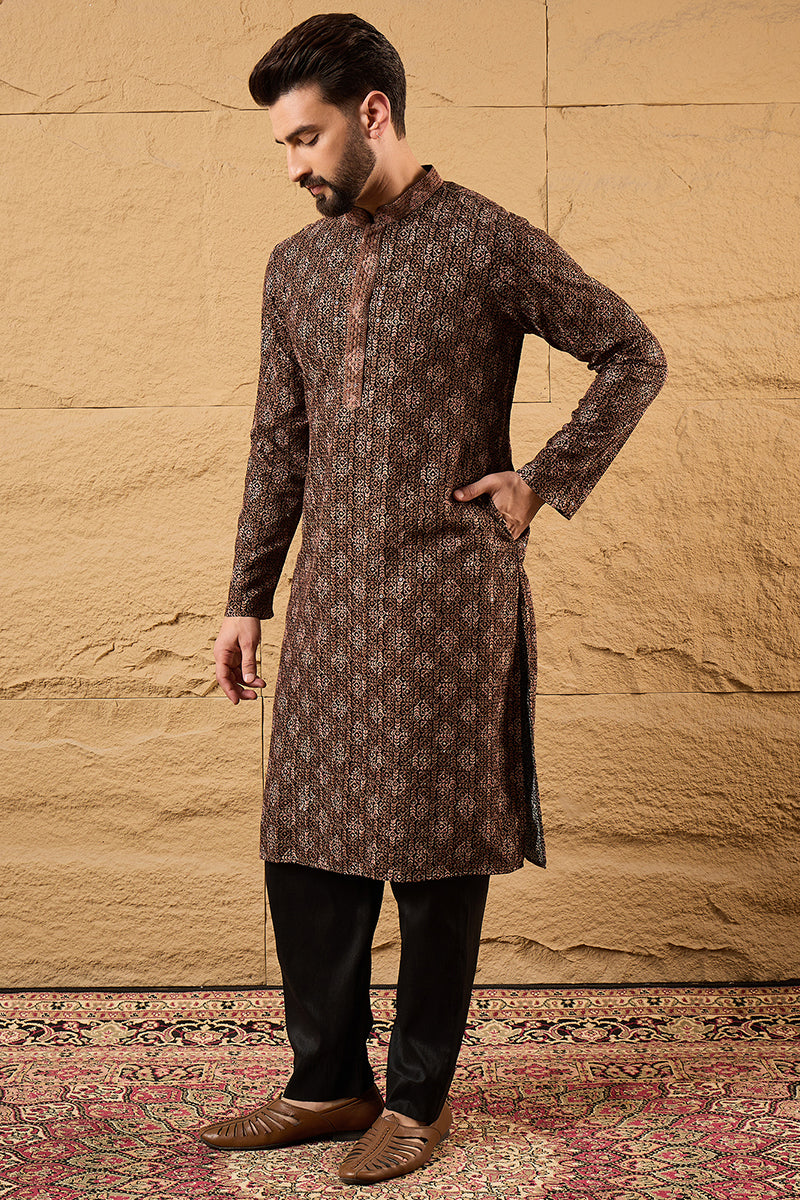 Brown Viscose Rayon Ethnic Motifs Embroidered Chikankari Straight Kurt