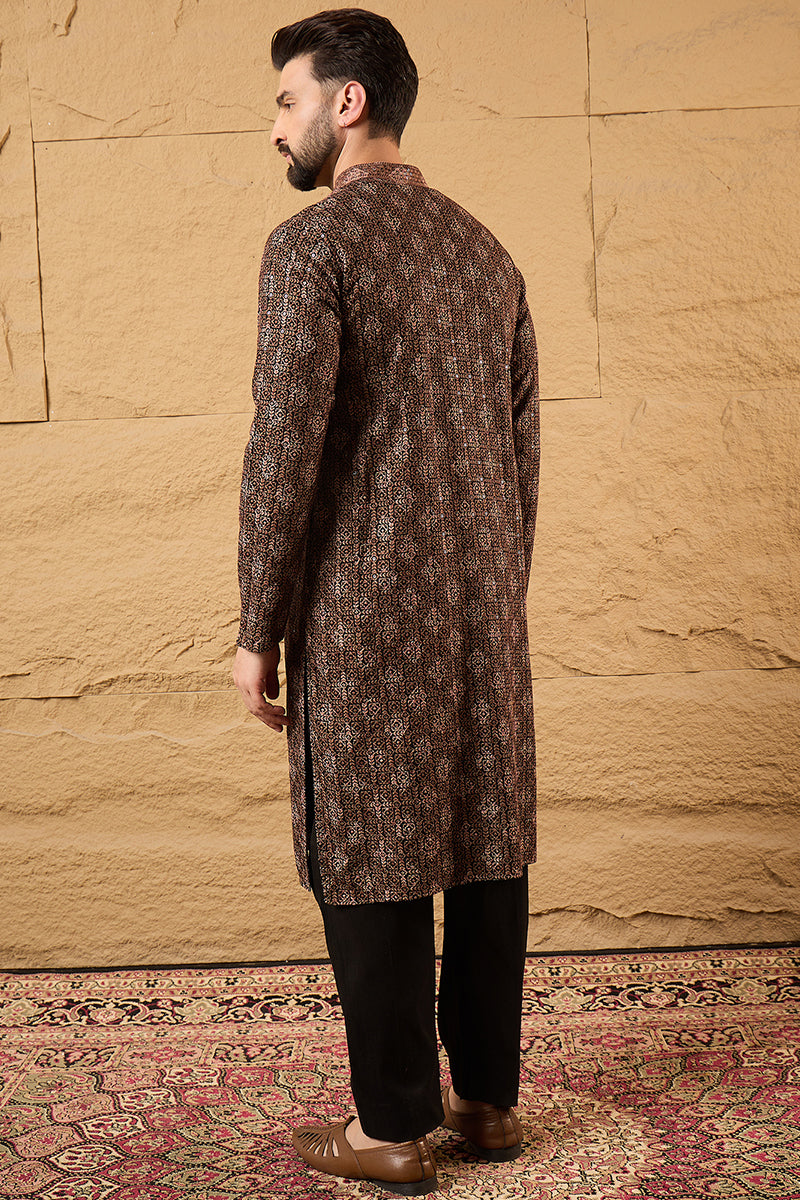 Brown Viscose Rayon Ethnic Motifs Embroidered Chikankari Straight Kurt