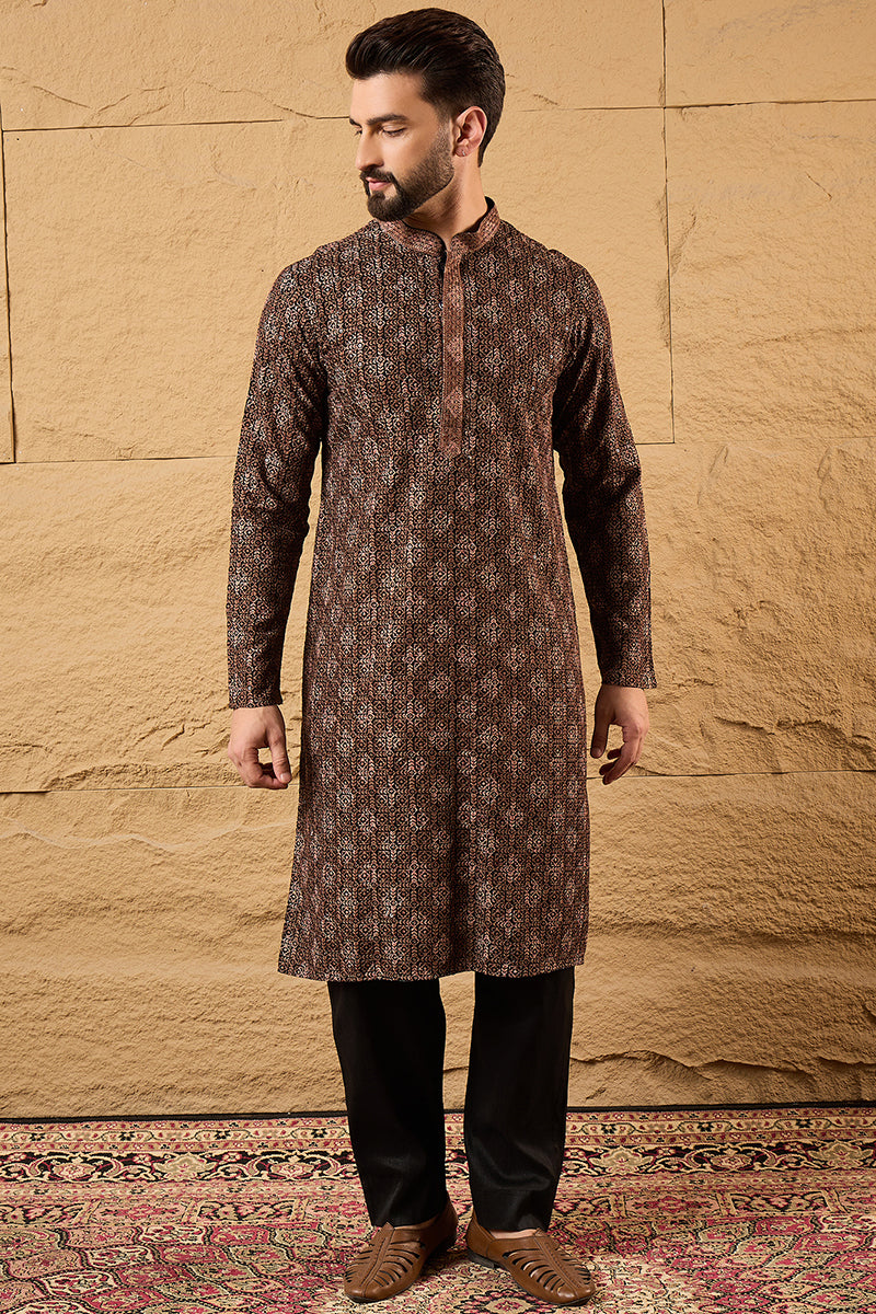 Brown Viscose Rayon Ethnic Motifs Embroidered Chikankari Straight Kurt