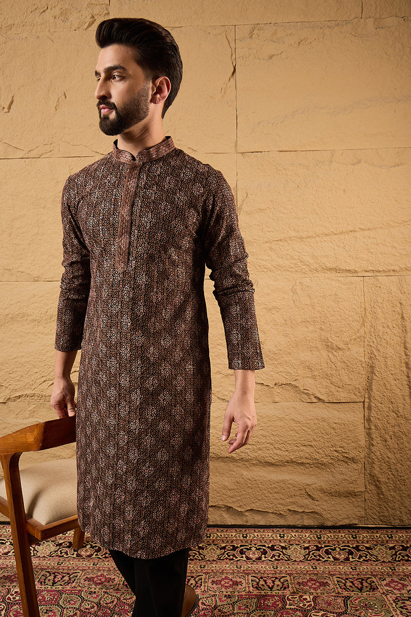 Brown Viscose Rayon Ethnic Motifs Embroidered Chikankari Straight Kurt
