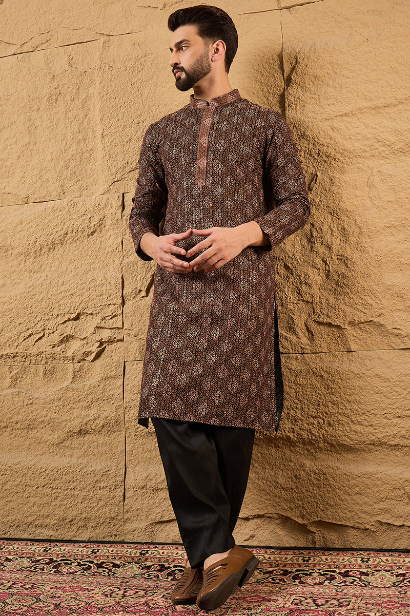 Brown Viscose Rayon Ethnic Motifs Embroidered Chikankari Straight Kurt