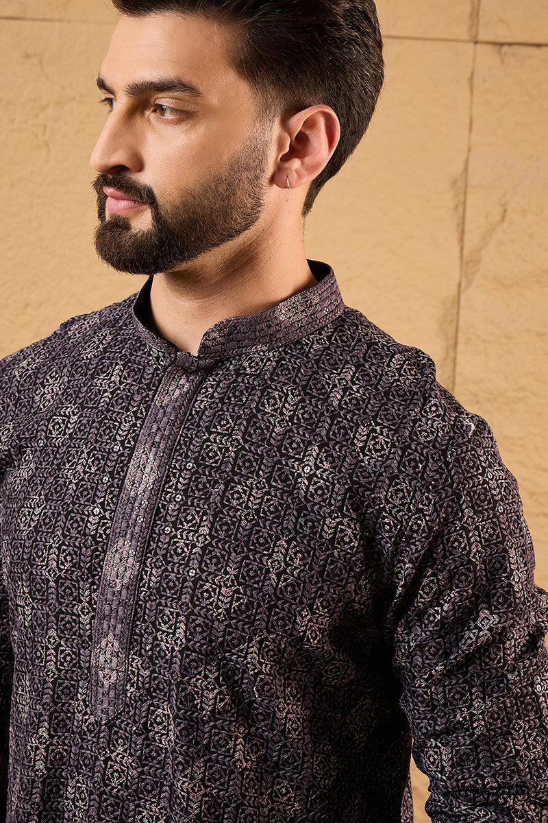 Grey Viscose Rayon Ethnic Motifs Embroidered Chikankari Straight Kurta