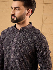 Ethnic Bay Men Black Viscose Rayon Ethnic Motifs Embroidered Straight Kurta-MKU1165