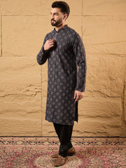Ethnic Bay Men Black Viscose Rayon Ethnic Motifs Embroidered Straight Kurta-MKU1165
