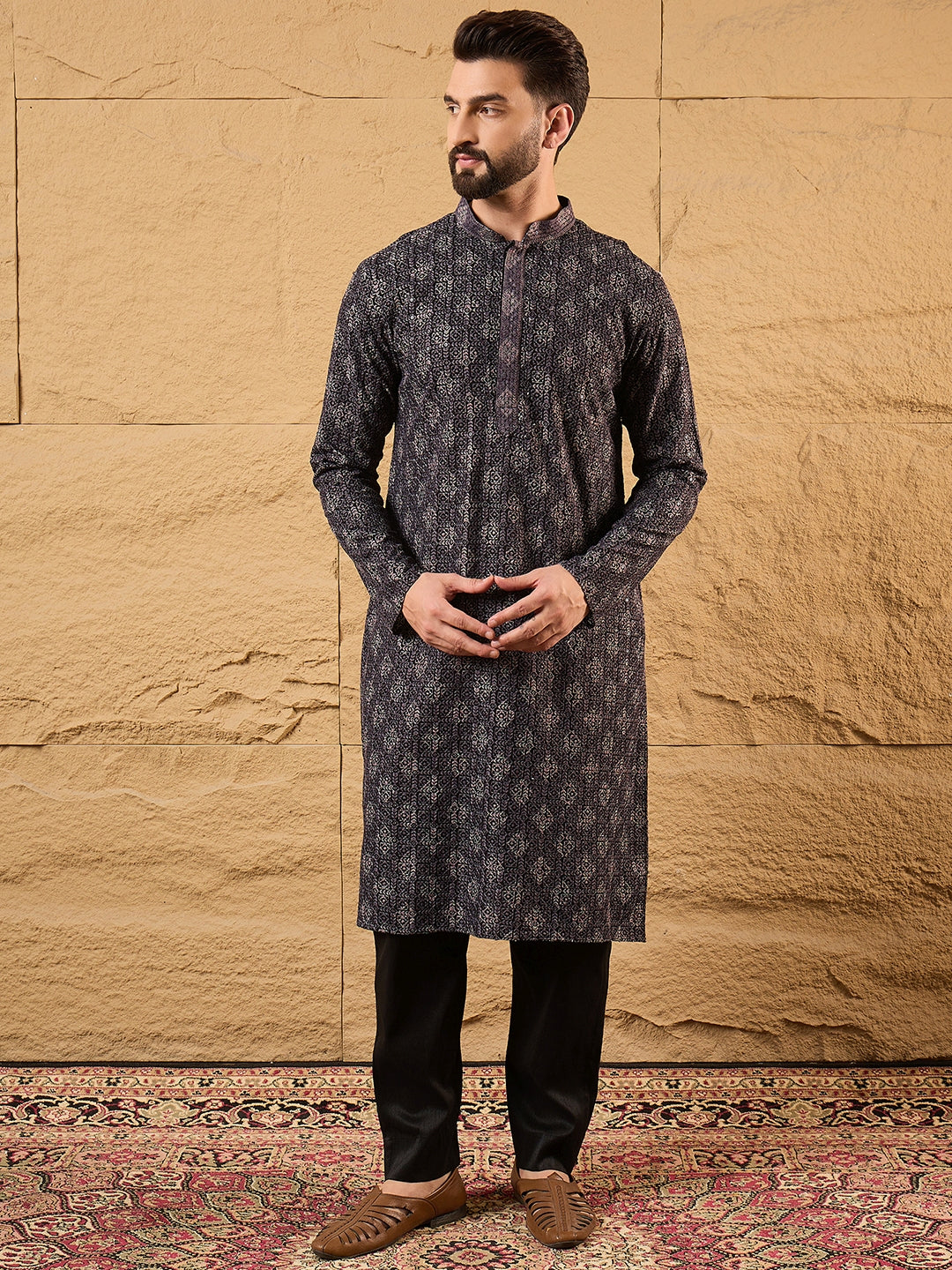 Ethnic Bay Men Black Viscose Rayon Ethnic Motifs Embroidered Straight Kurta-MKU1165