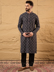Ethnic Bay Men Black Viscose Rayon Ethnic Motifs Embroidered Straight Kurta-MKU1165