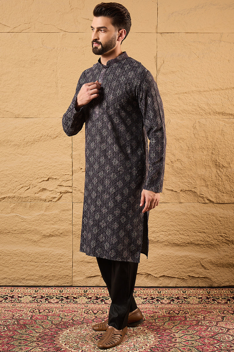 Grey Viscose Rayon Ethnic Motifs Embroidered Chikankari Straight Kurta