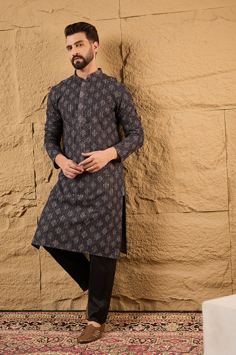 Grey Viscose Rayon Ethnic Motifs Embroidered Chikankari Straight Kurta