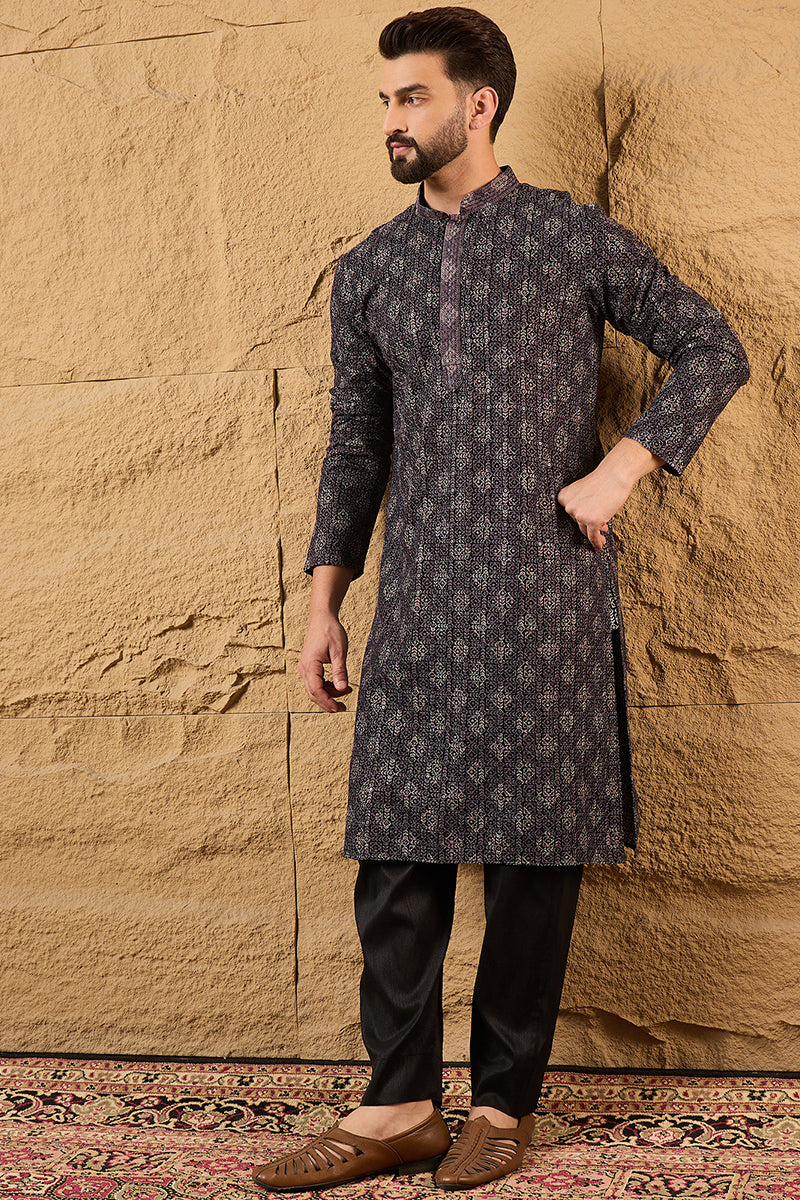 Grey Viscose Rayon Ethnic Motifs Embroidered Chikankari Straight Kurta