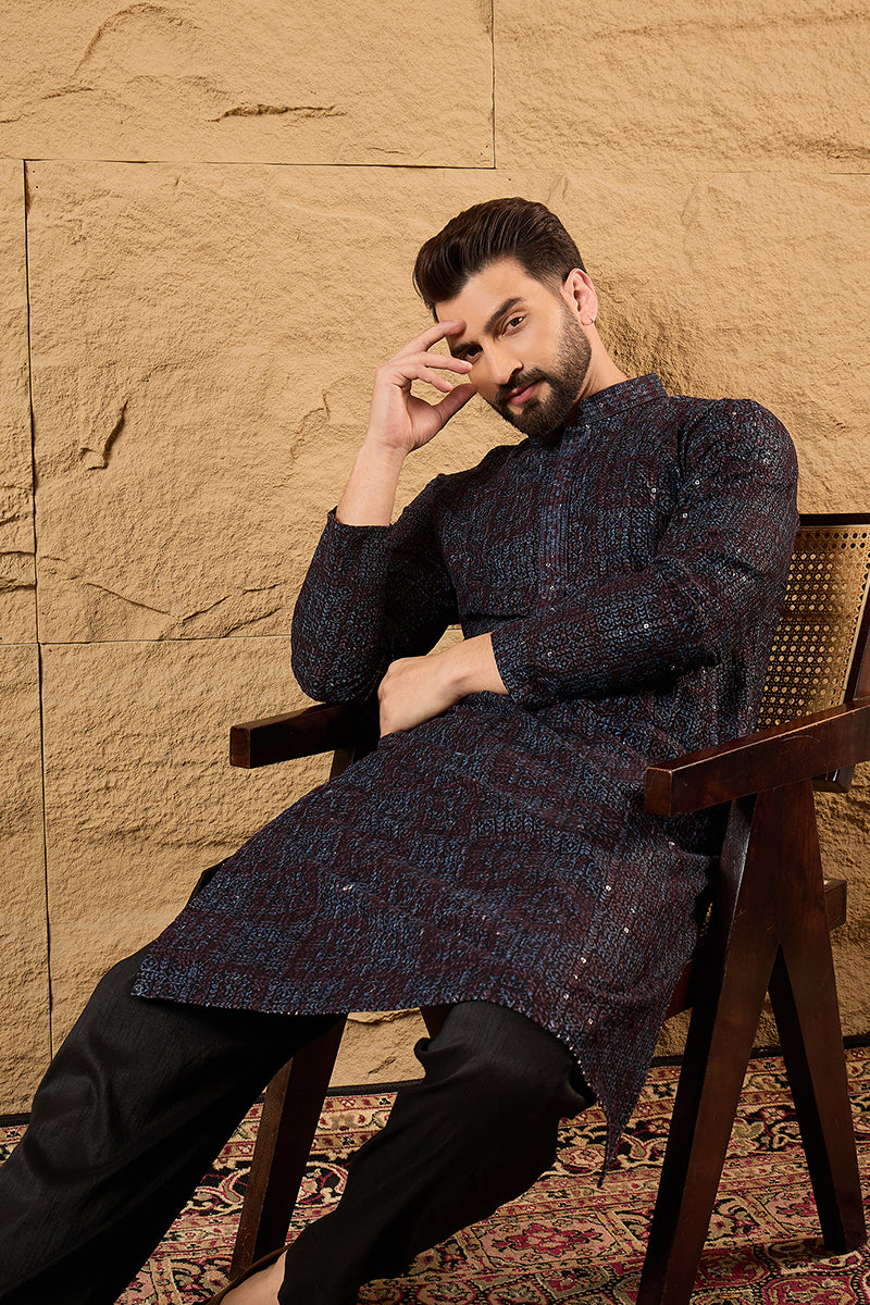 Black Viscose Rayon Geometric Embroidered Chikankari Straight Kurta HO
