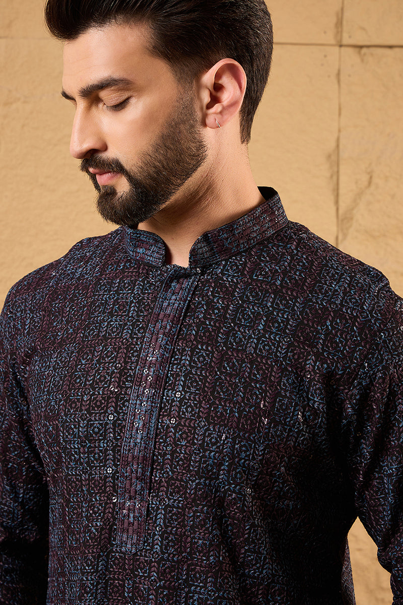 Black Viscose Rayon Geometric Embroidered Chikankari Straight Kurta HO
