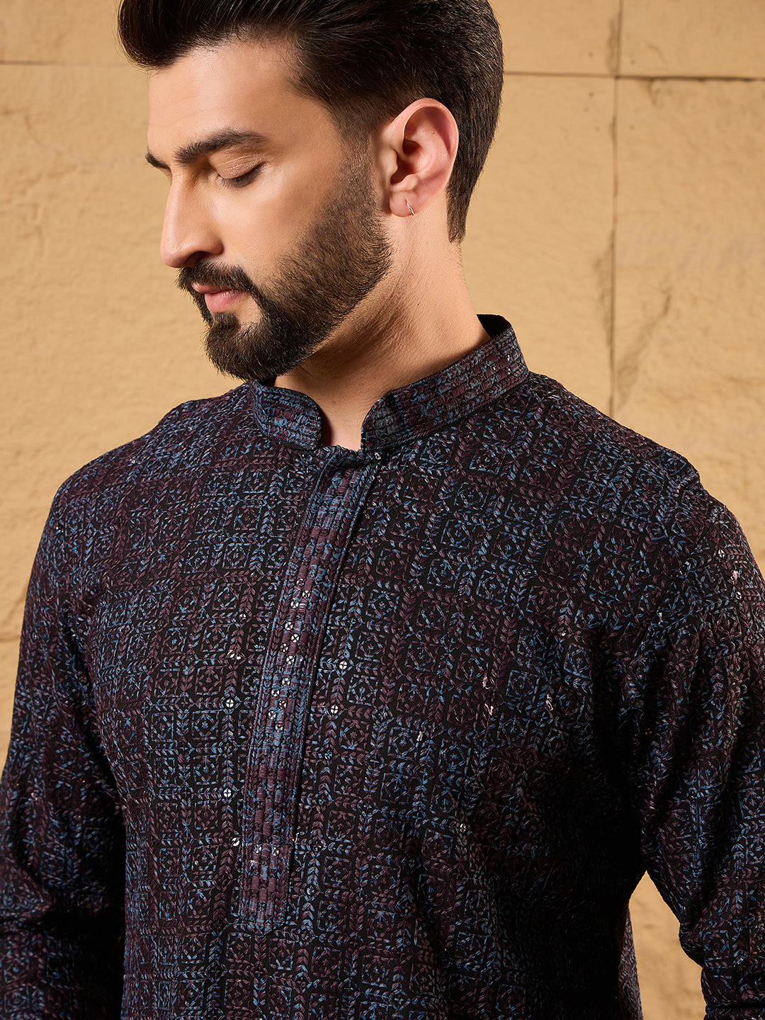 Ethnic Bay Men Brown Viscose Rayon Embroidered Chikankari Straight Kurta-MKU1166