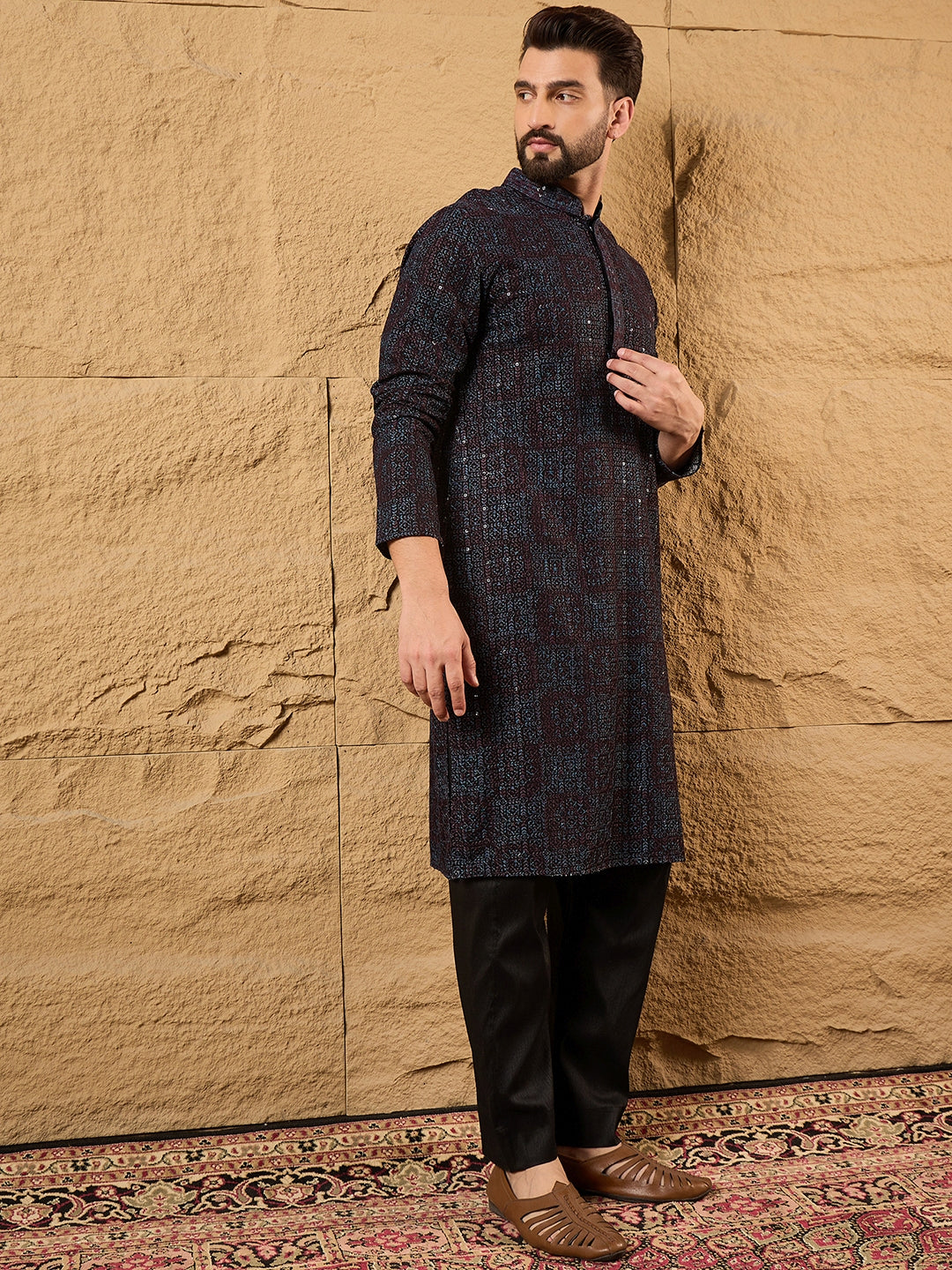 Ethnic Bay Men Brown Viscose Rayon Embroidered Chikankari Straight Kurta-MKU1166