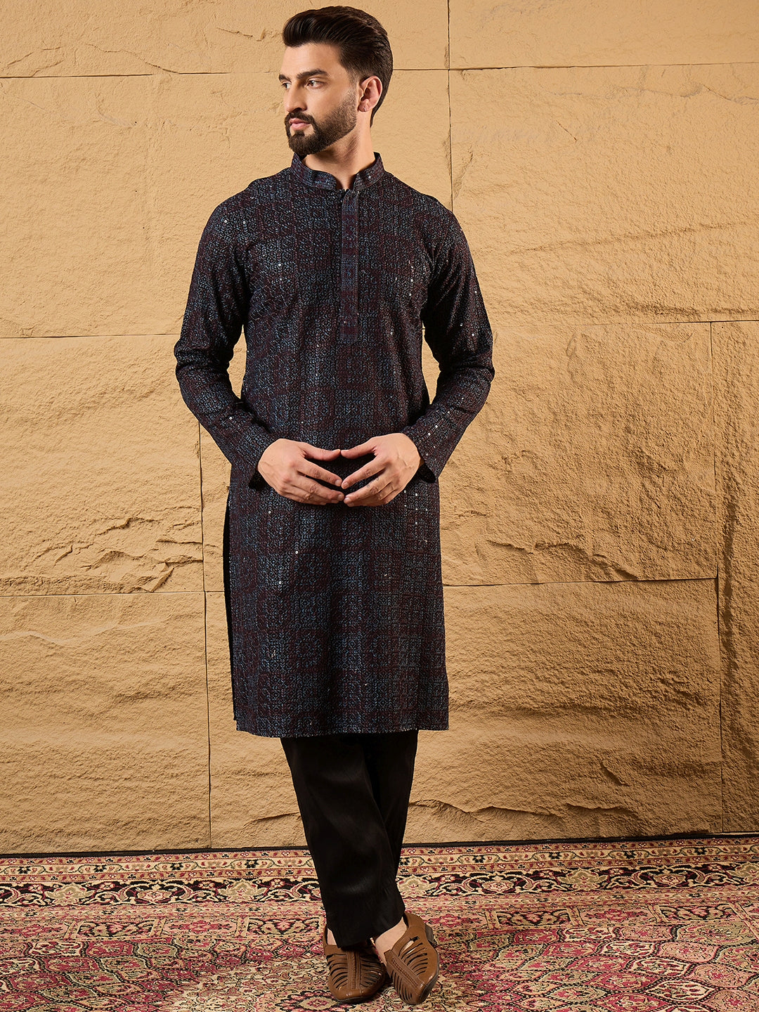 Ethnic Bay Men Brown Viscose Rayon Embroidered Chikankari Straight Kurta-MKU1166