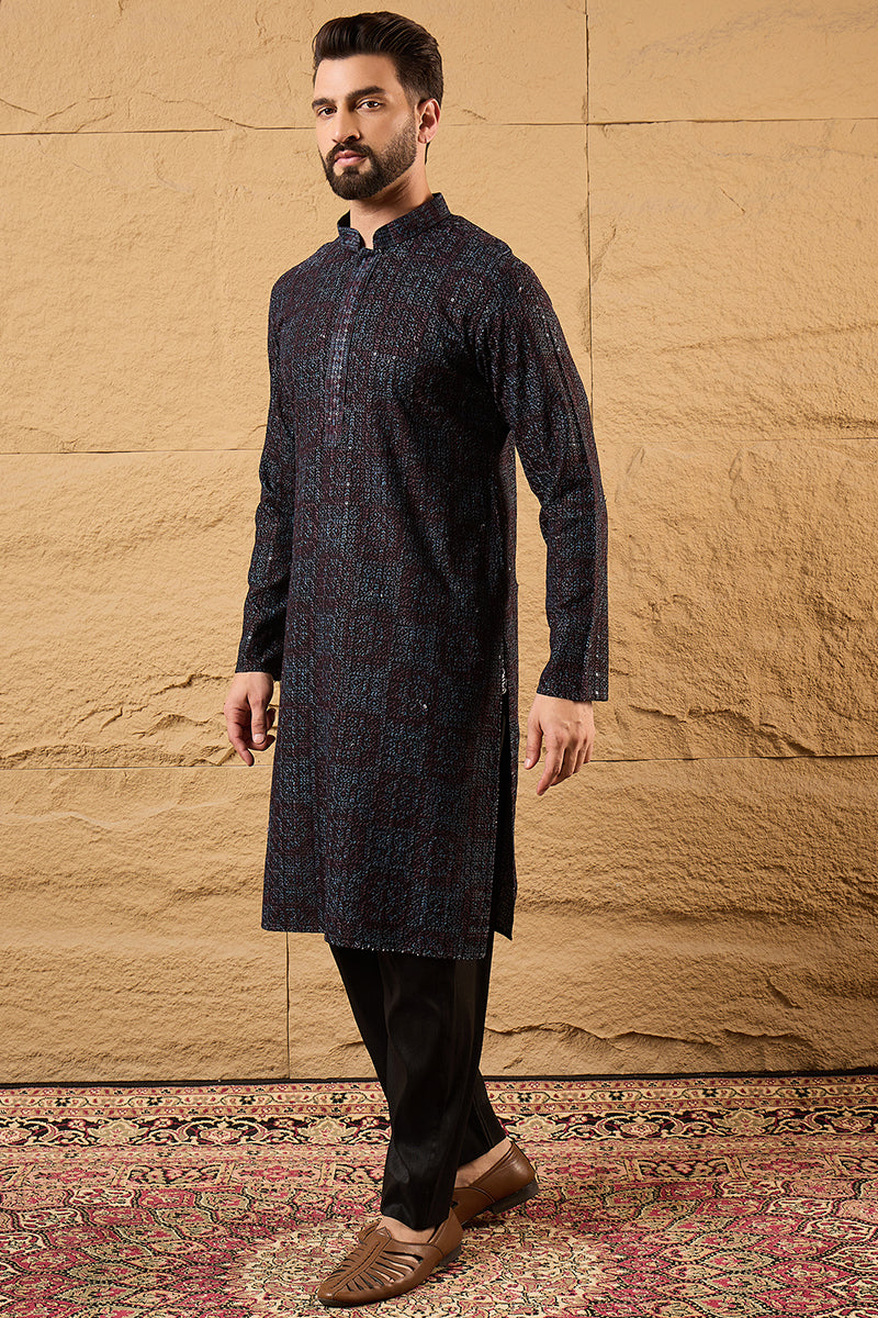 Black Viscose Rayon Geometric Embroidered Chikankari Straight Kurta HO