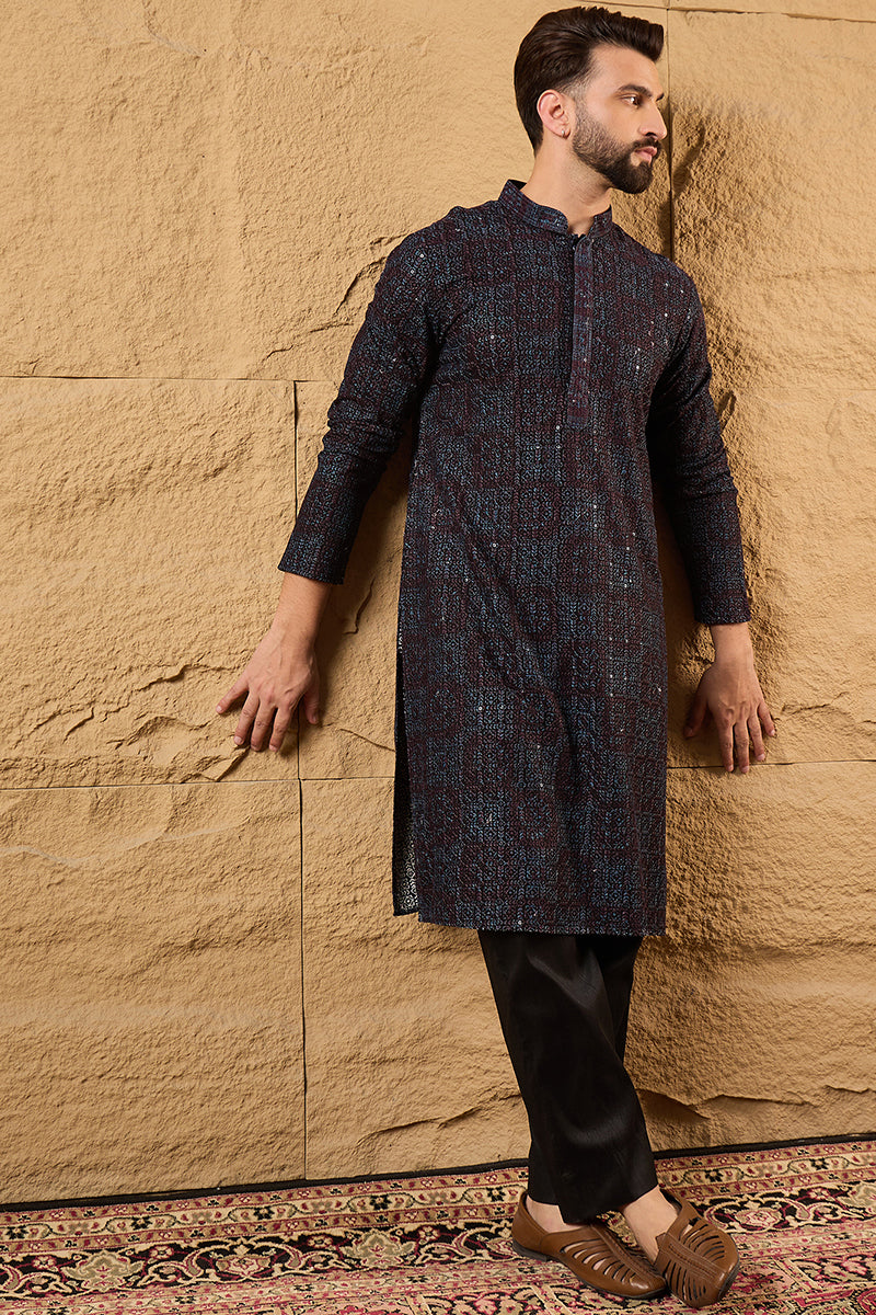 Black Viscose Rayon Geometric Embroidered Chikankari Straight Kurta HO