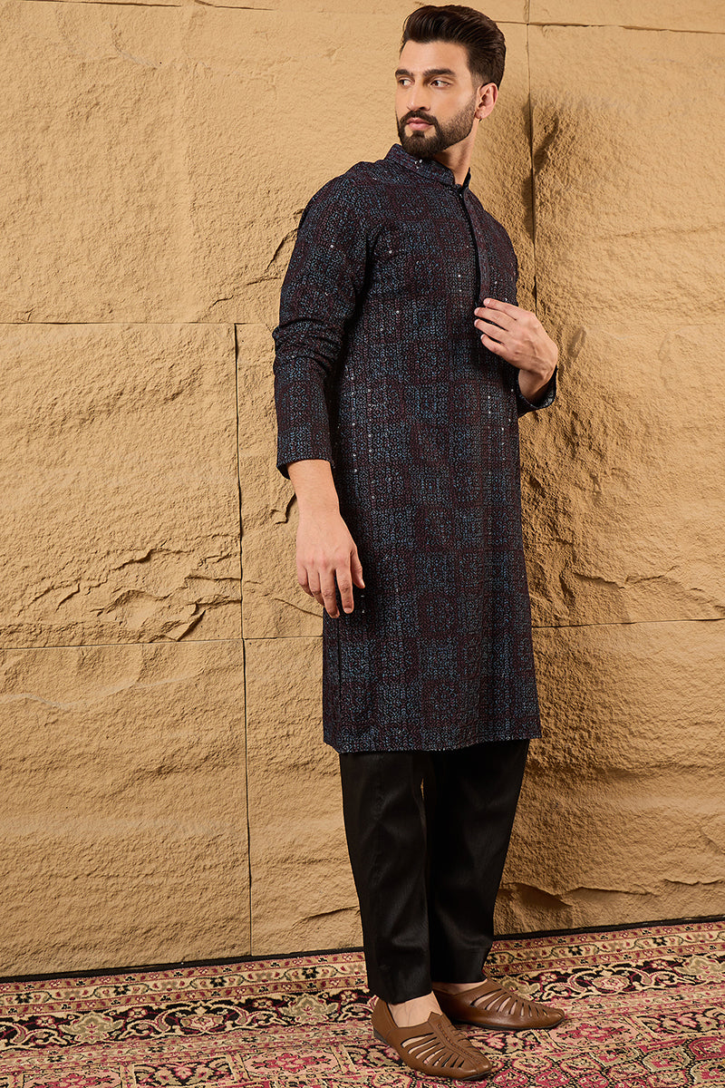 Black Viscose Rayon Geometric Embroidered Chikankari Straight Kurta HO