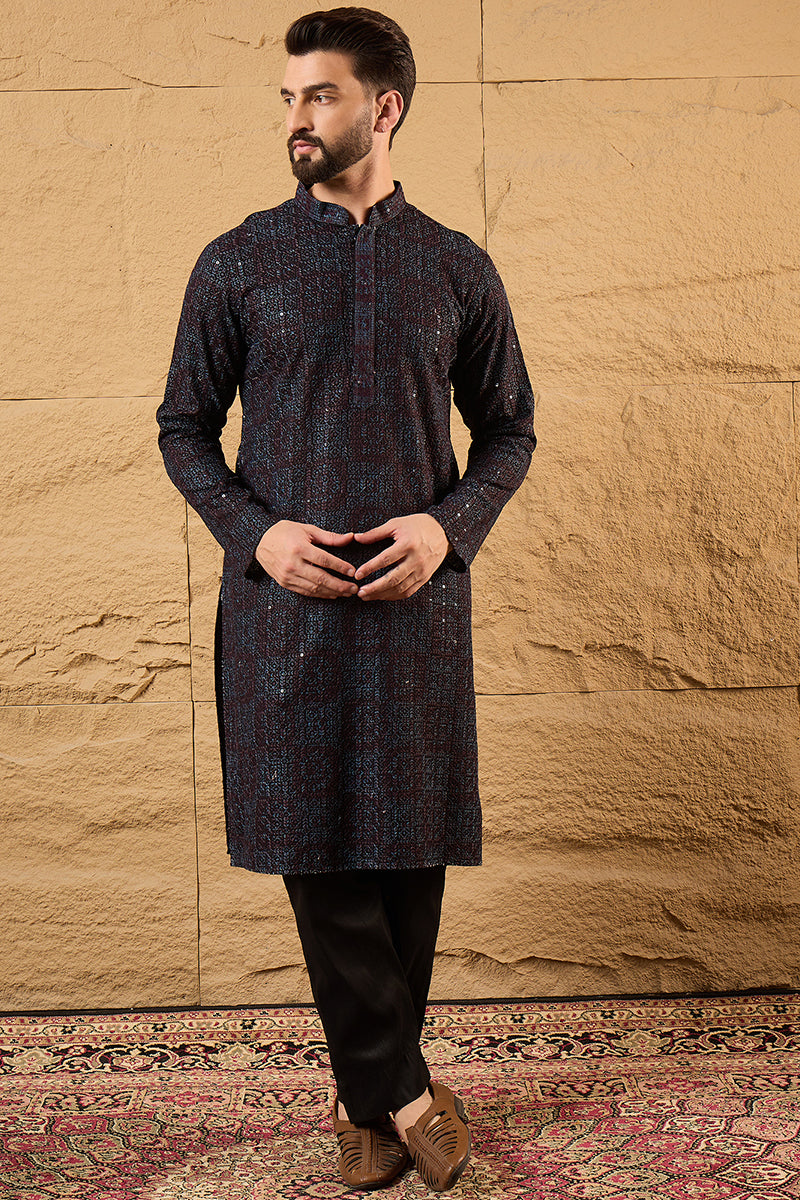 Black Viscose Rayon Geometric Embroidered Chikankari Straight Kurta HO