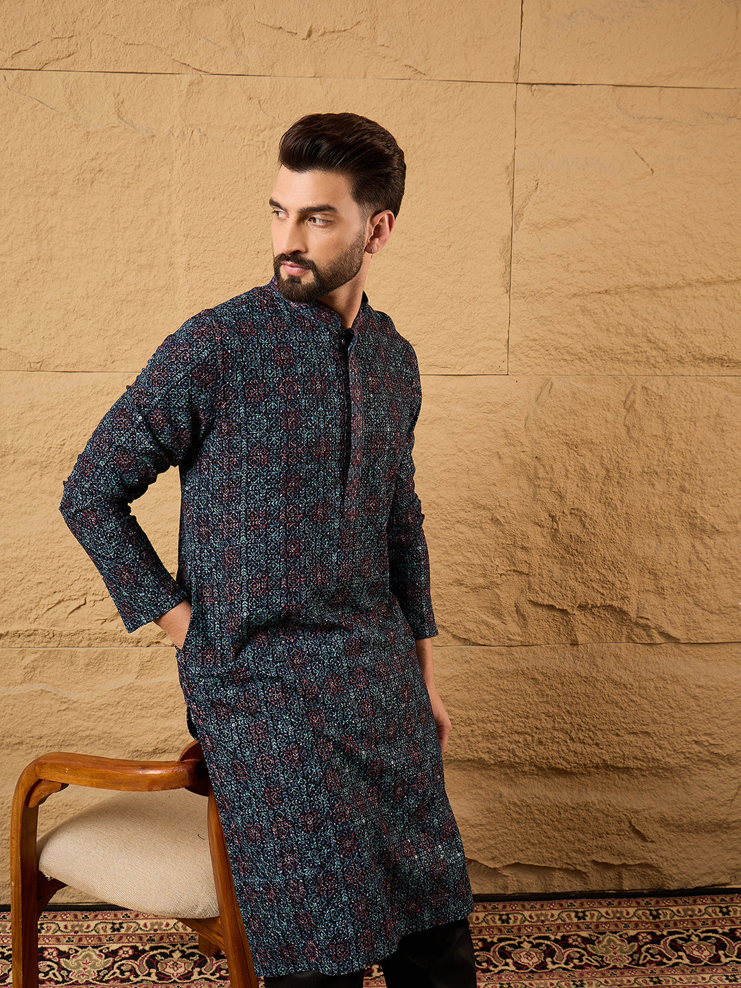 Ethnic Bay Men Black Viscose Rayon Abstract Embroidered Straight Kurta-MKU1172