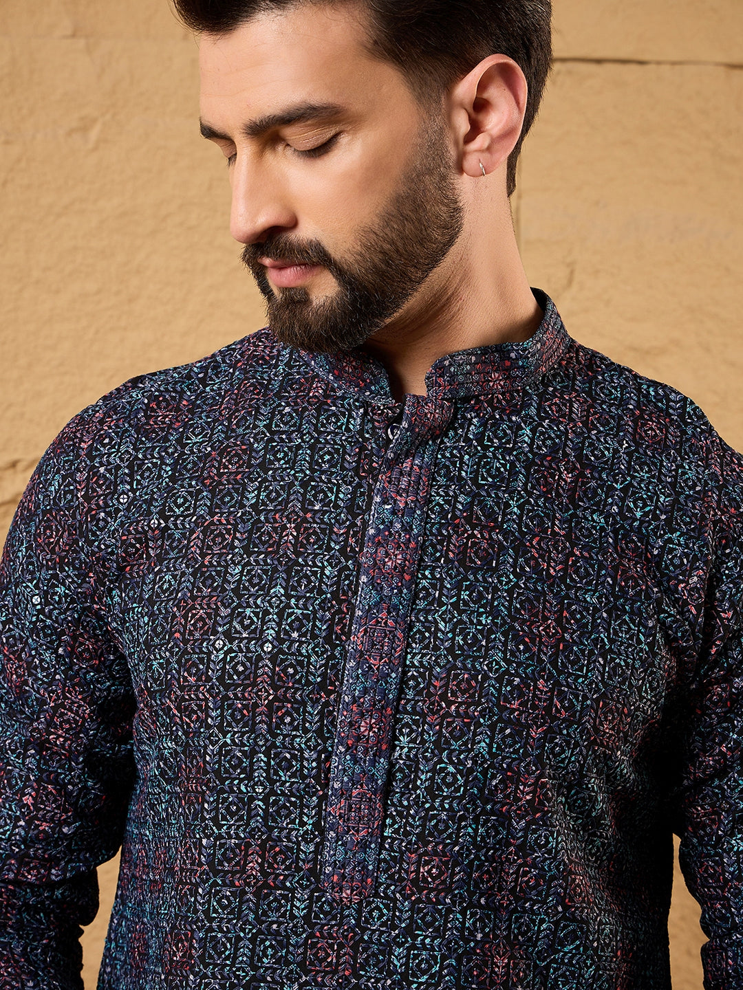 Ethnic Bay Men Black Viscose Rayon Abstract Embroidered Straight Kurta-MKU1172